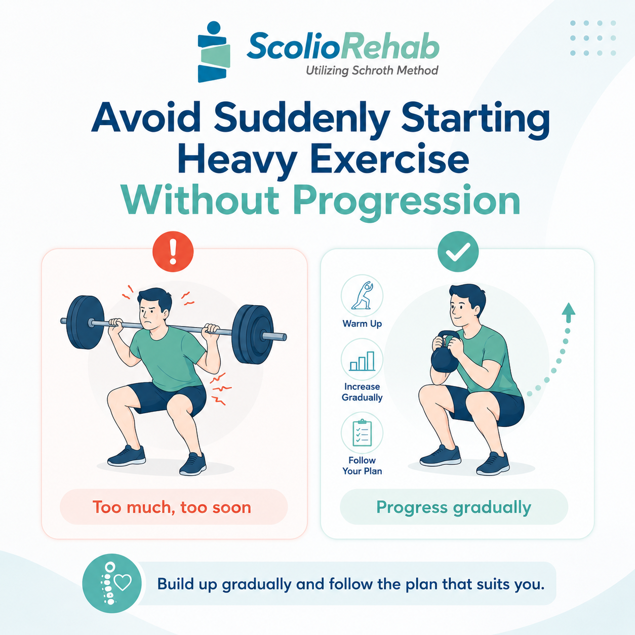 Avoid Suddenly Starting Heavy Exercise Without Progression for scoliosis